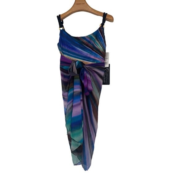 MIRACLESUIT SWIMSUIT & wrap SIZE 16 RANDALL CHRISTENSEN designer rhinestones new - Picture 1 of 7